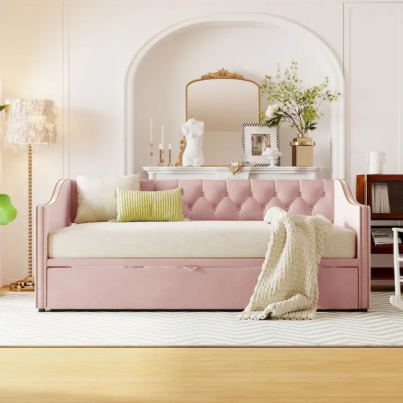 Twin Size Upholstered Daybed with Pop Up Trundle, Gray