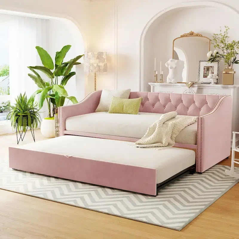 Twin Size Upholstered Daybed with Pop Up Trundle, Gray