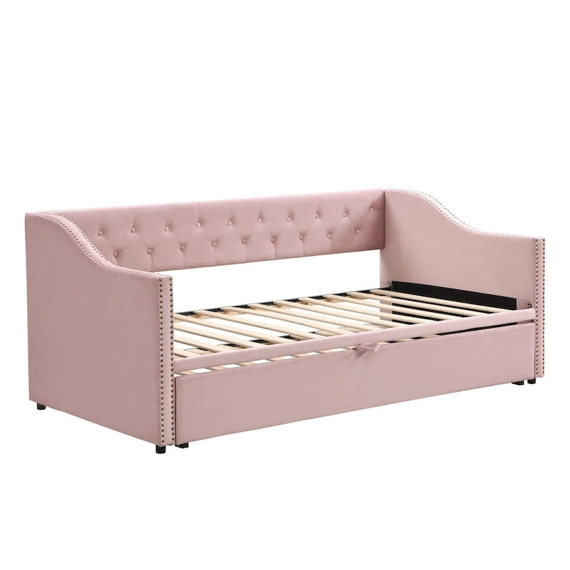 Twin Size Upholstered Daybed with Pop Up Trundle, Gray