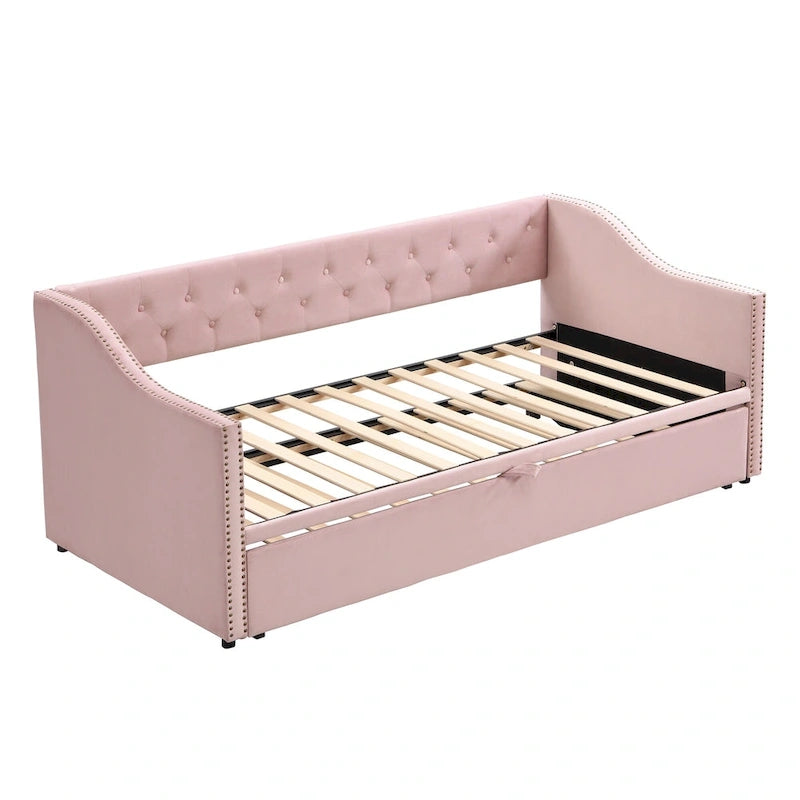 Twin Size Upholstered Daybed with Pop Up Trundle, Gray
