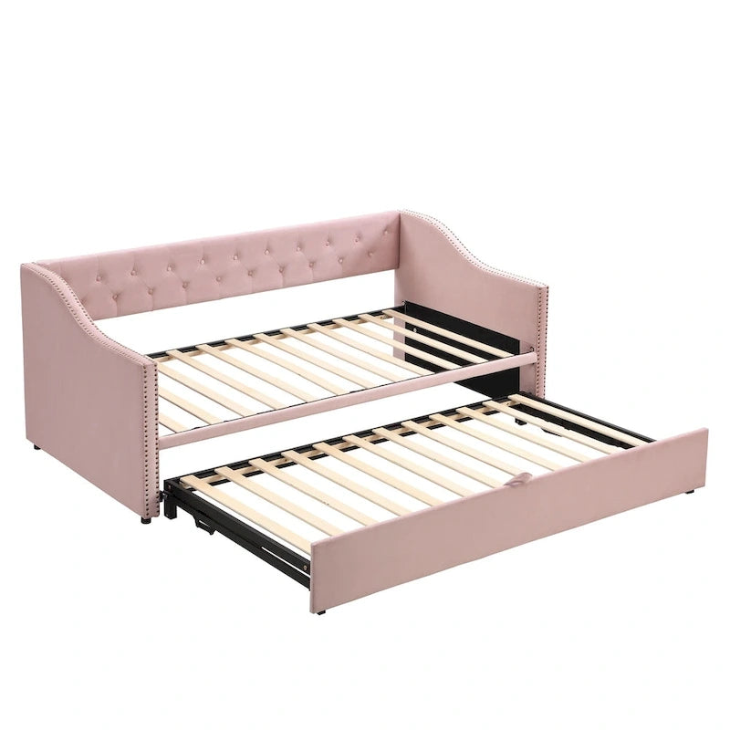 Twin Size Upholstered Daybed with Pop Up Trundle, Gray