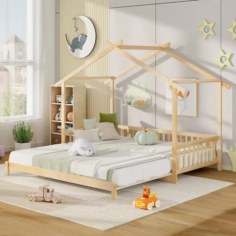 Wooden House Bed Twin to King with Safety Rails
