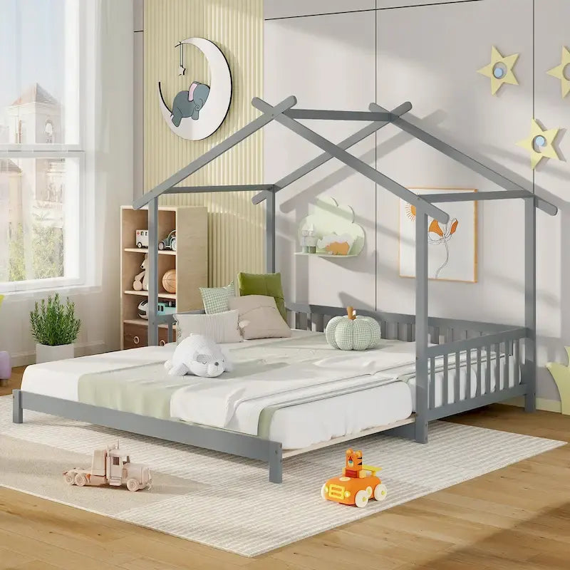 Wooden House Bed Twin to King with Safety Rails