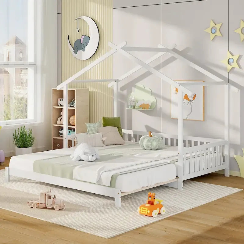 Wooden House Bed Twin to King with Safety Rails