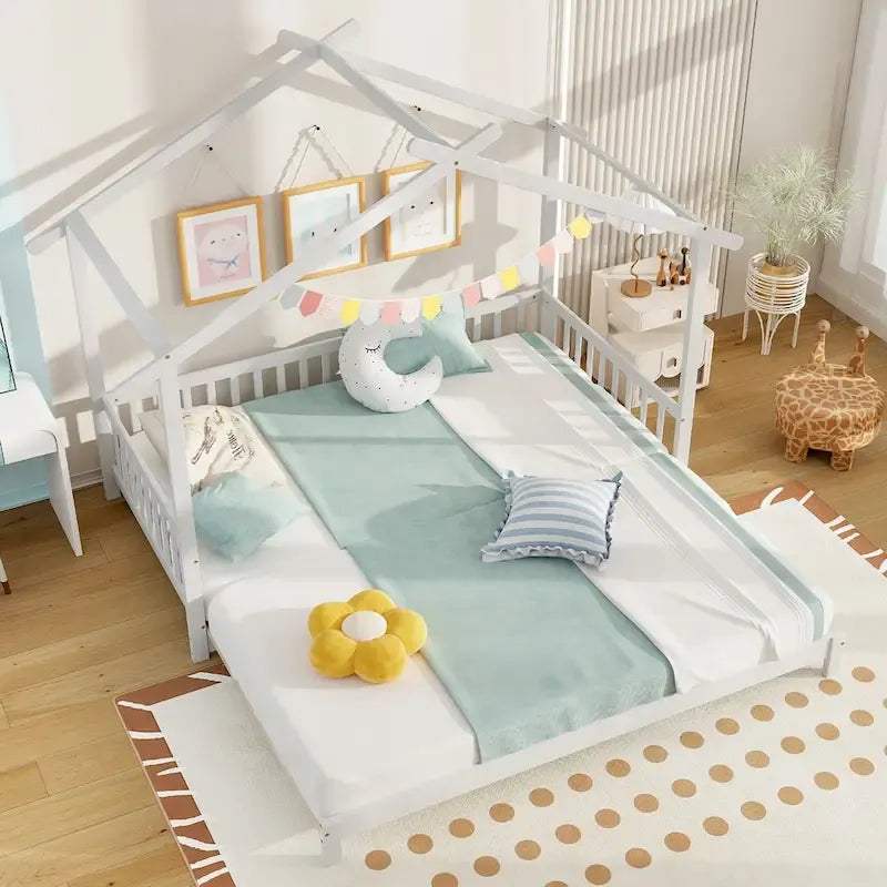 Wooden House Bed Twin to King with Safety Rails
