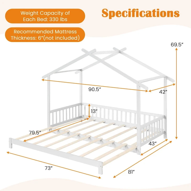 Wooden House Bed Twin to King with Safety Rails