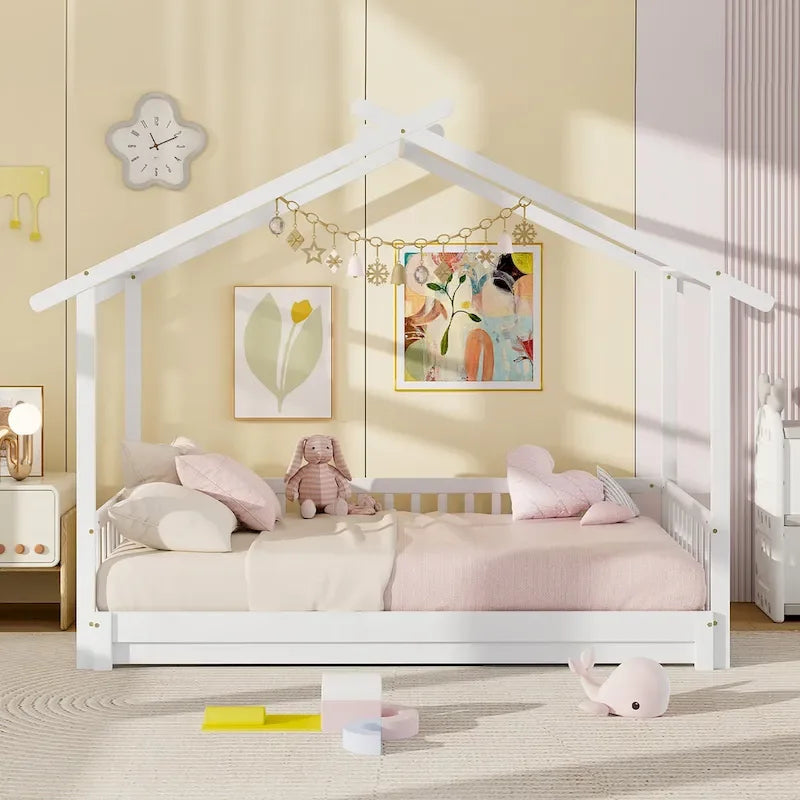 Wooden House Bed Twin to King with Safety Rails