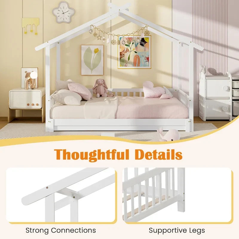 Wooden House Bed Twin to King with Safety Rails