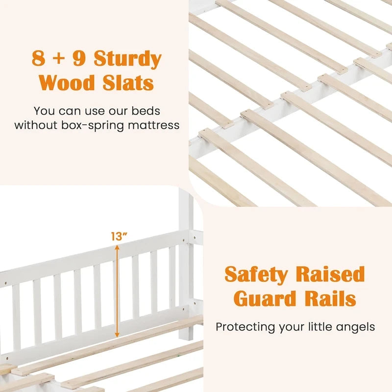 Wooden House Bed Twin to King with Safety Rails