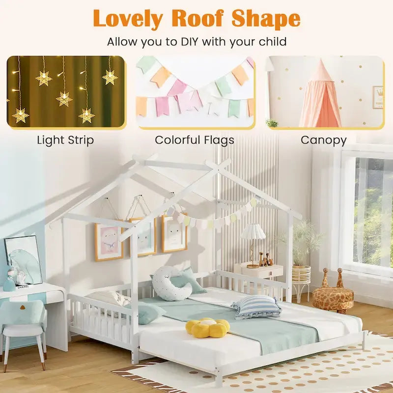 Wooden House Bed Twin to King with Safety Rails