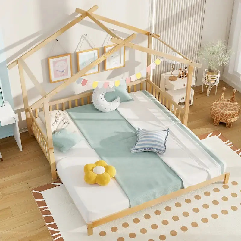 Wooden House Bed Twin to King with Safety Rails
