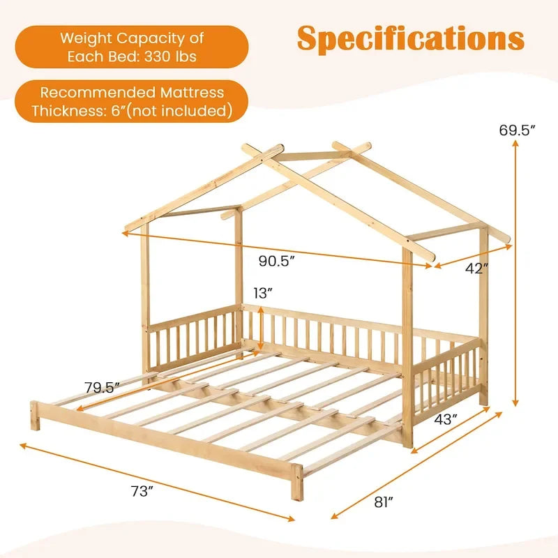 Wooden House Bed Twin to King with Safety Rails