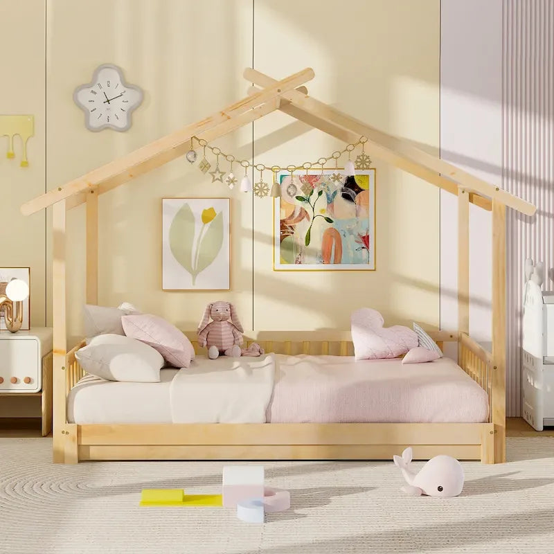 Wooden House Bed Twin to King with Safety Rails