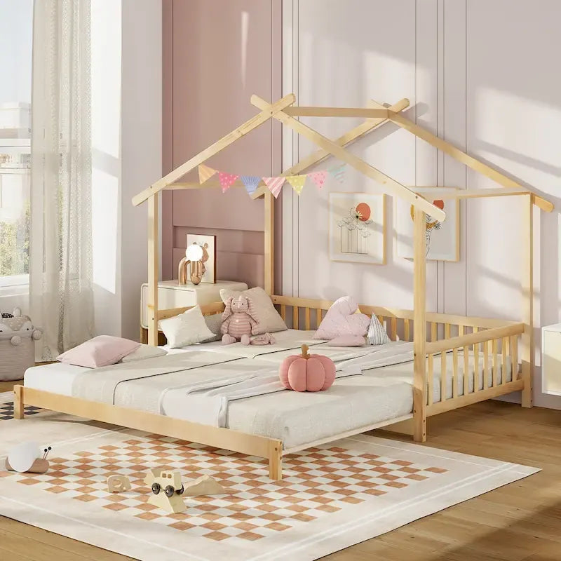 Wooden House Bed Twin to King with Safety Rails