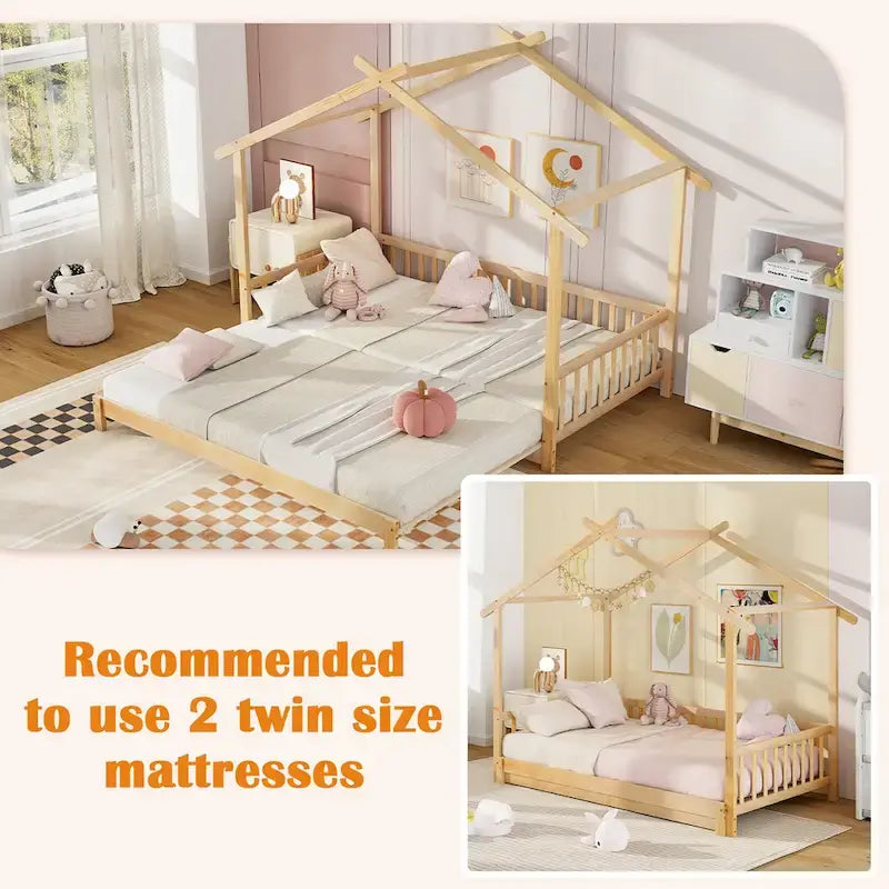 Wooden House Bed Twin to King with Safety Rails