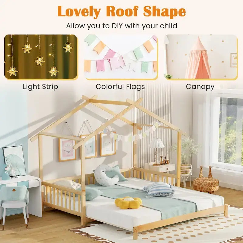 Wooden House Bed Twin to King with Safety Rails