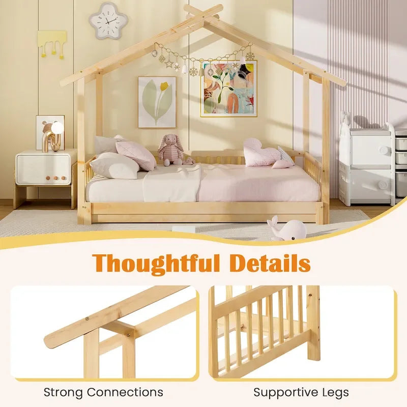 Wooden House Bed Twin to King with Safety Rails