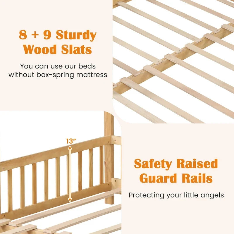 Wooden House Bed Twin to King with Safety Rails