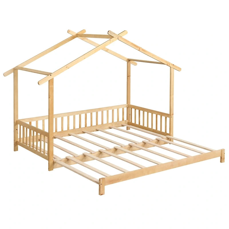 Wooden House Bed Twin to King with Safety Rails