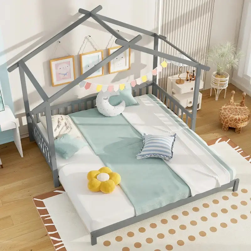 Wooden House Bed Twin to King with Safety Rails