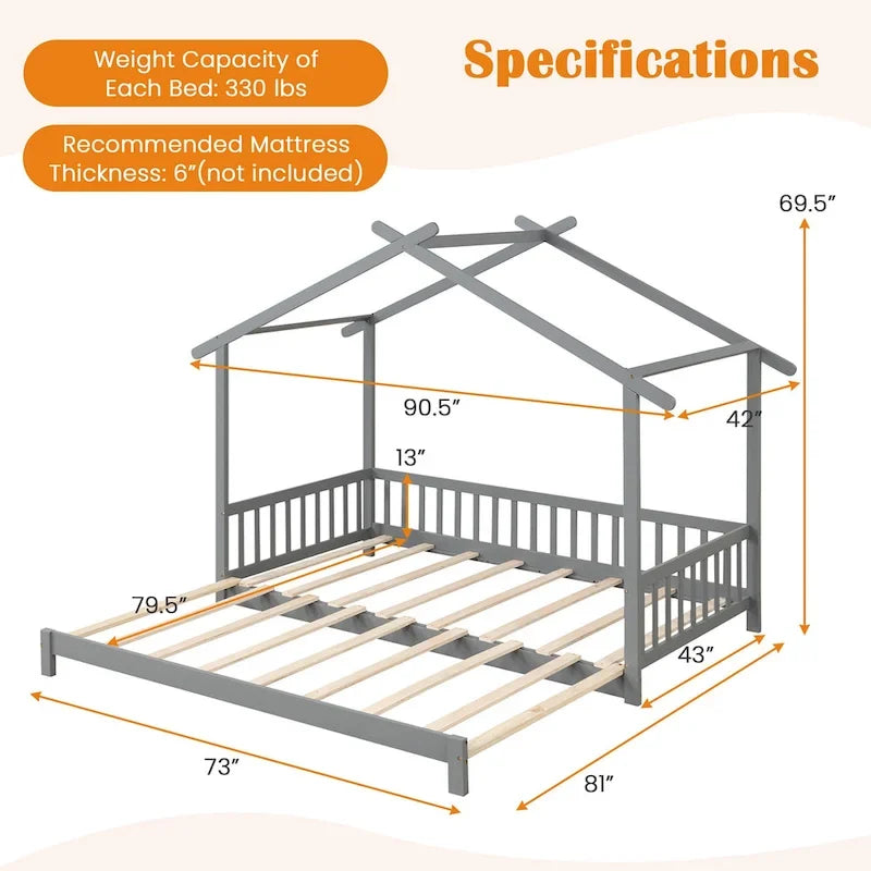 Wooden House Bed Twin to King with Safety Rails