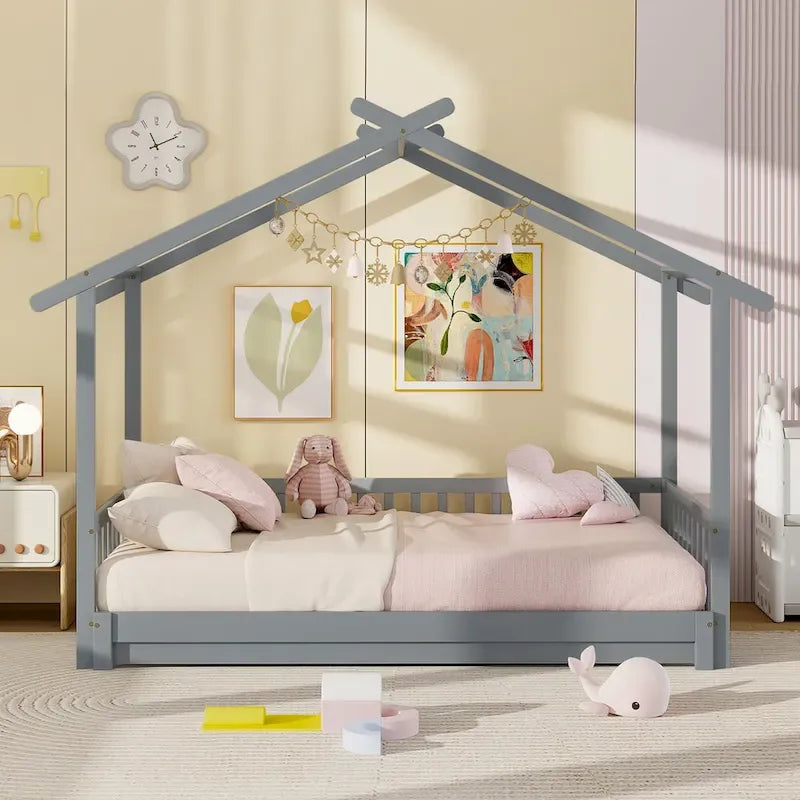 Wooden House Bed Twin to King with Safety Rails