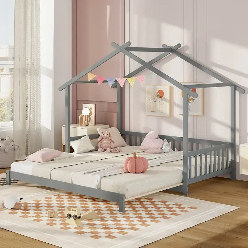 Wooden House Bed Twin to King with Safety Rails