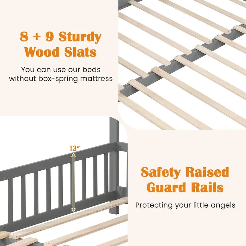 Wooden House Bed Twin to King with Safety Rails