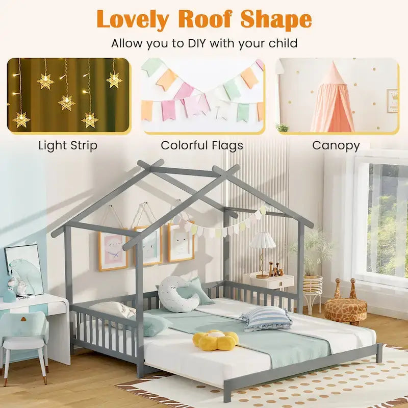 Wooden House Bed Twin to King with Safety Rails