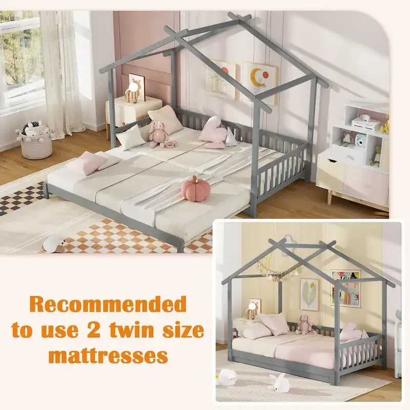 Wooden House Bed Twin to King with Safety Rails