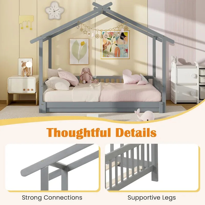 Wooden House Bed Twin to King with Safety Rails