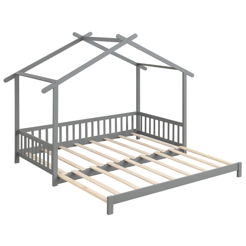 Wooden House Bed Twin to King with Safety Rails