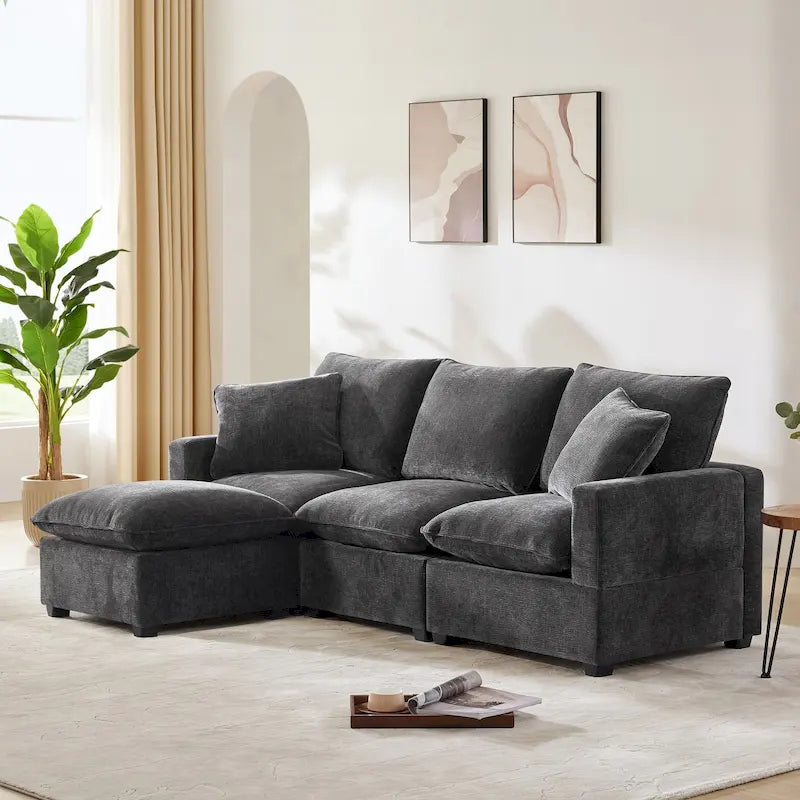 L-Shape Modular Chenille Sectional Sofa with Ottoman