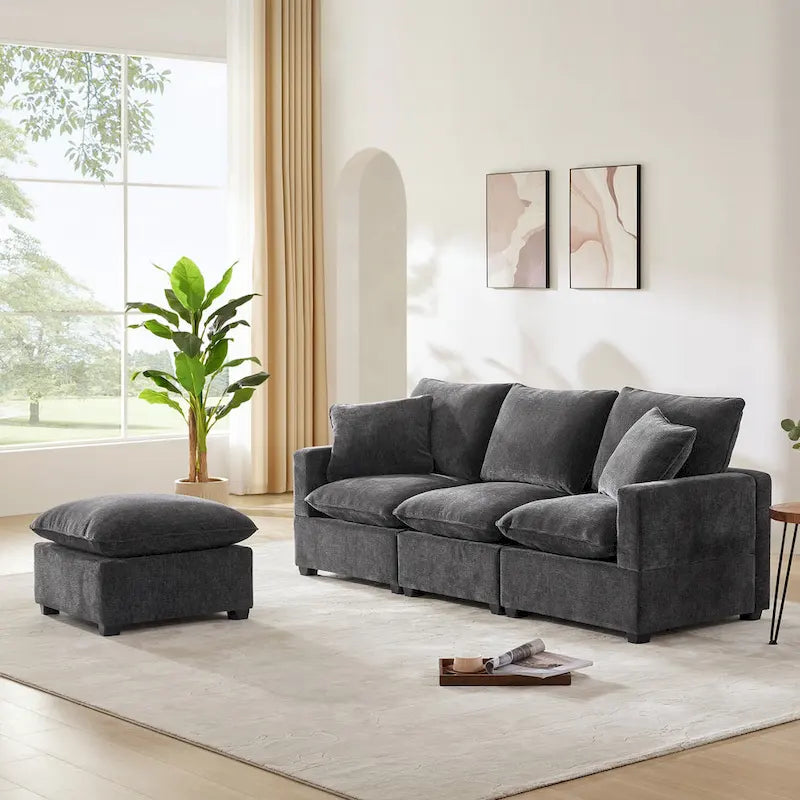 L-Shape Modular Chenille Sectional Sofa with Ottoman