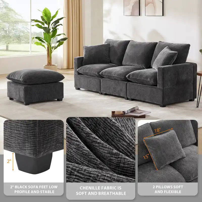 L-Shape Modular Chenille Sectional Sofa with Ottoman