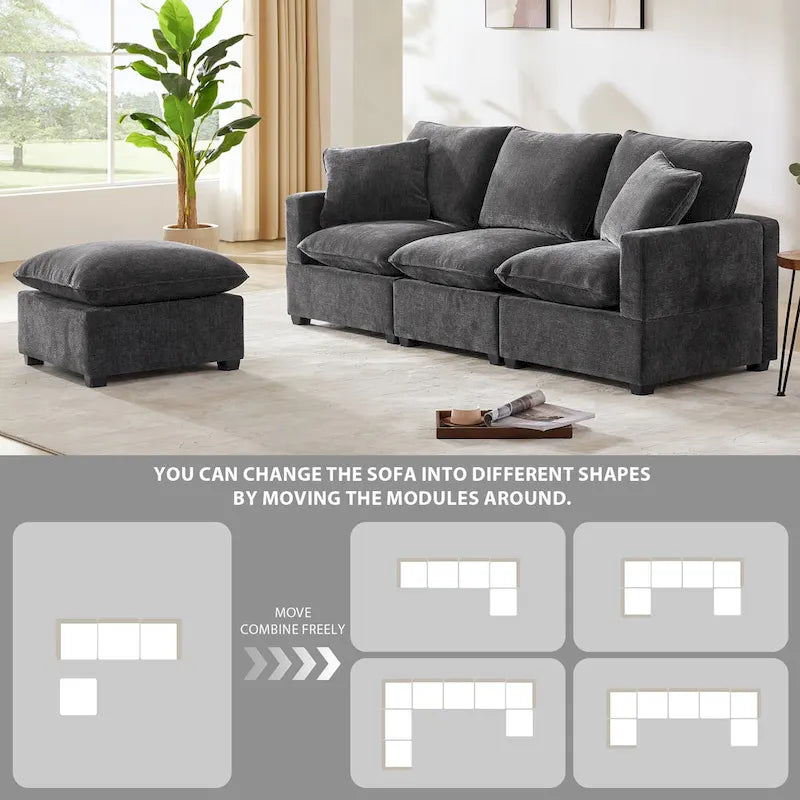 L-Shape Modular Chenille Sectional Sofa with Ottoman