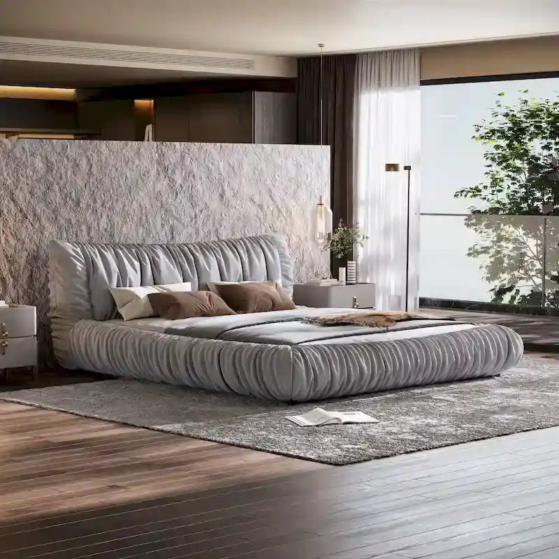 Light Grey King Size Upholstered Platform Bed with Removable Cushion