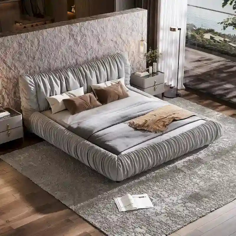 Light Grey King Size Upholstered Platform Bed with Removable Cushion