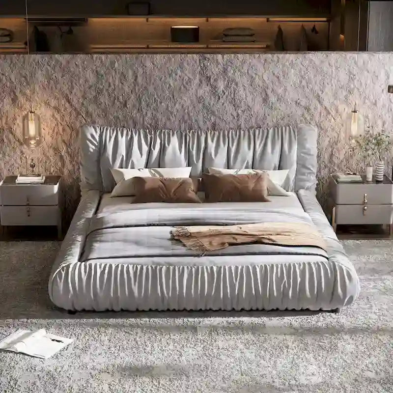 Light Grey King Size Upholstered Platform Bed with Removable Cushion