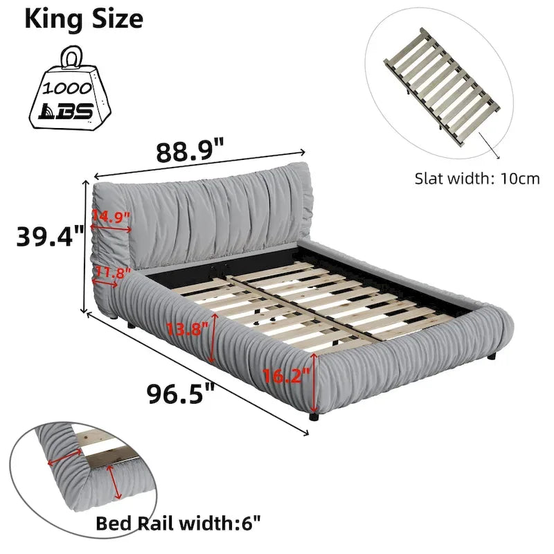 Light Grey King Size Upholstered Platform Bed with Removable Cushion