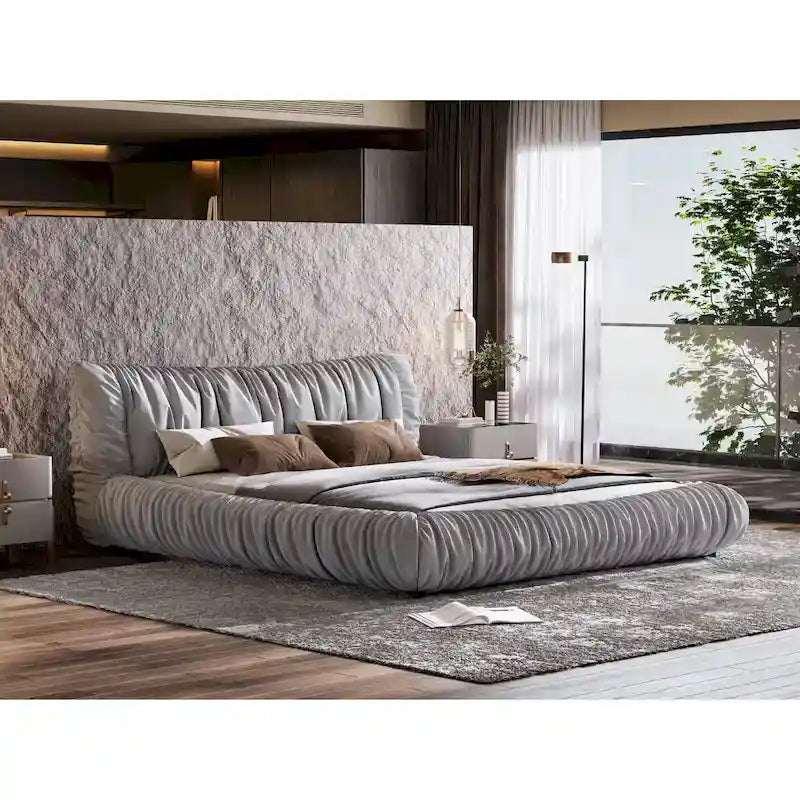 Light Grey King Size Upholstered Platform Bed with Removable Cushion