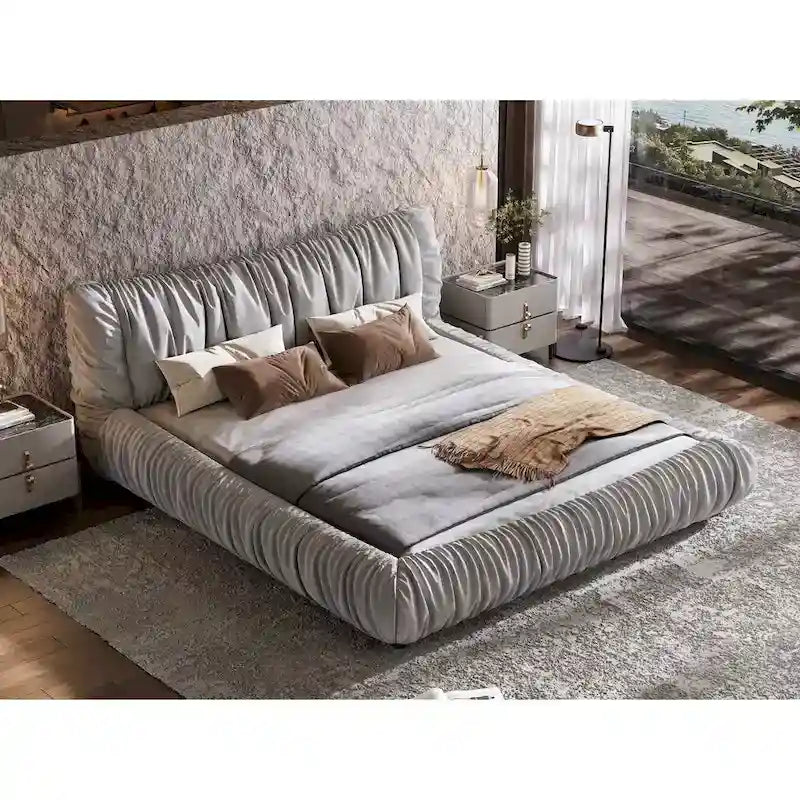 Light Grey King Size Upholstered Platform Bed with Removable Cushion
