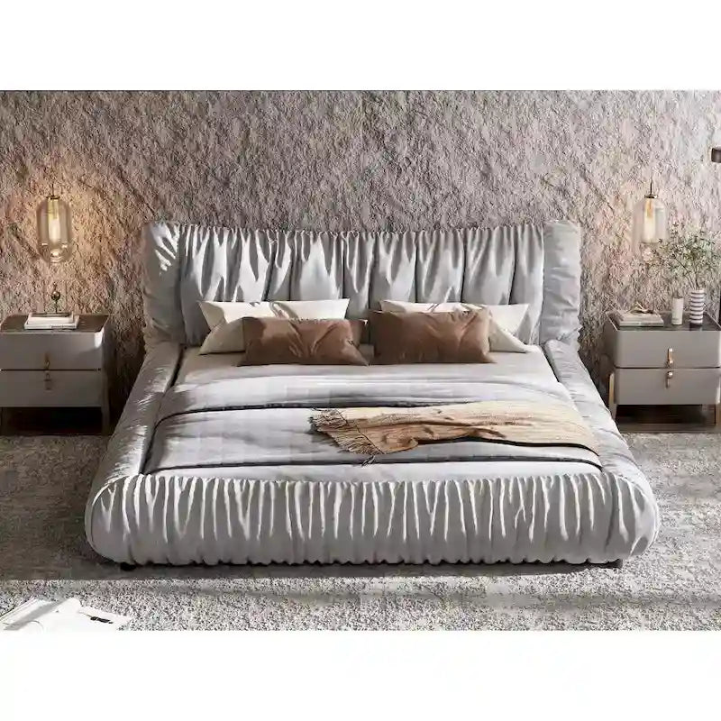 Light Grey King Size Upholstered Platform Bed with Removable Cushion