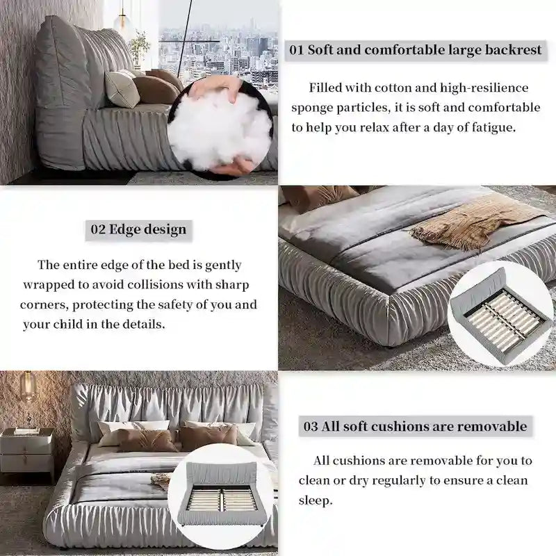 Light Grey King Size Upholstered Platform Bed with Removable Cushion