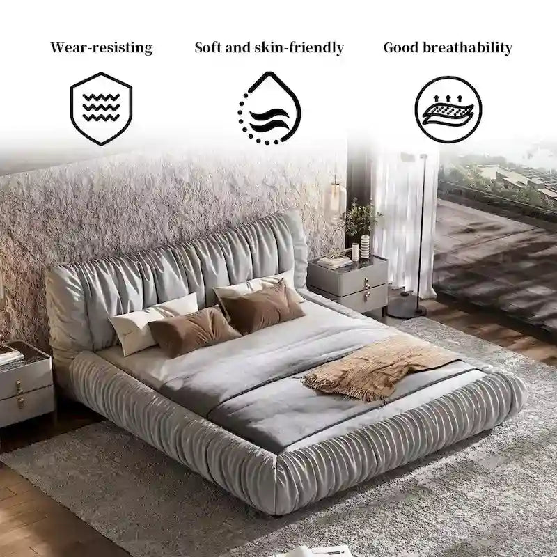 Light Grey King Size Upholstered Platform Bed with Removable Cushion