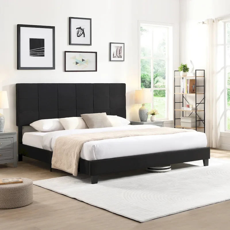 Black King Size Linen Upholstered Bed with Tufted Headboard