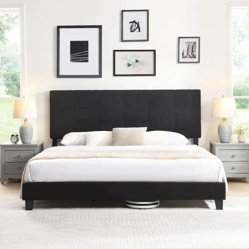Black King Size Linen Upholstered Bed with Tufted Headboard