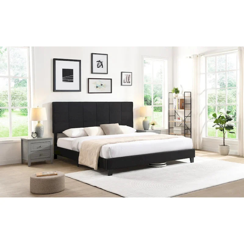 Black King Size Linen Upholstered Bed with Tufted Headboard