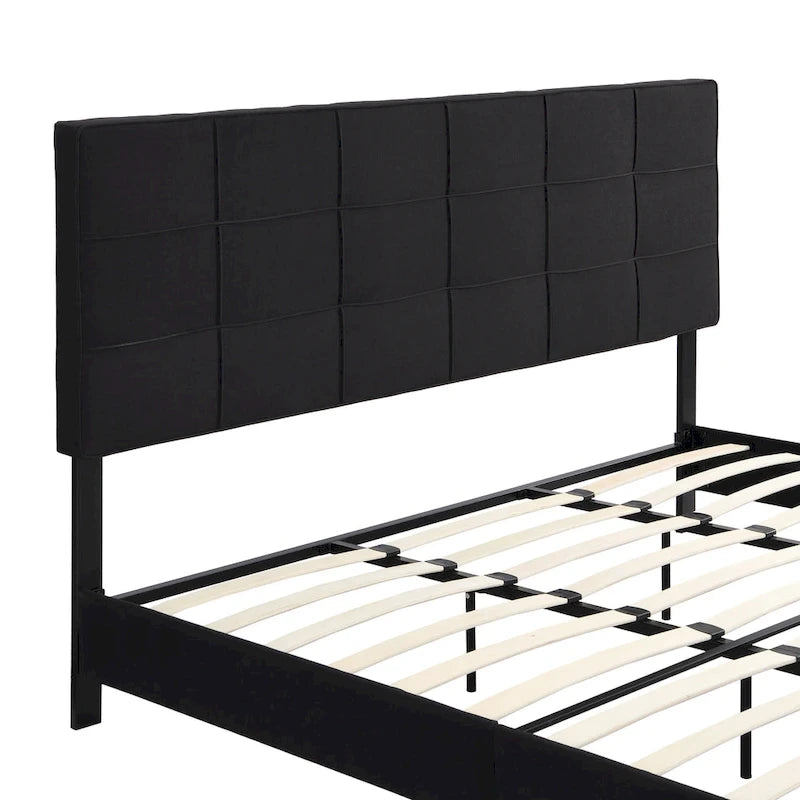 Black King Size Linen Upholstered Bed with Tufted Headboard