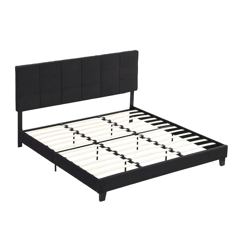 Black King Size Linen Upholstered Bed with Tufted Headboard